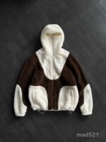 Мужское Теплое Коричнево-Белое Зип Худи Оверсайз с Балаклавой - Плюшевое на Молнии с Вышивкой