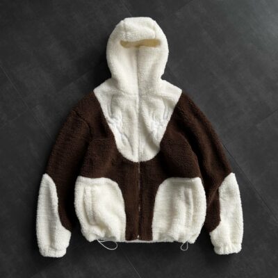 Мужское Теплое Коричнево-Белое Зип Худи Оверсайз с Балаклавой - Плюшевое на Молнии с Вышивкой