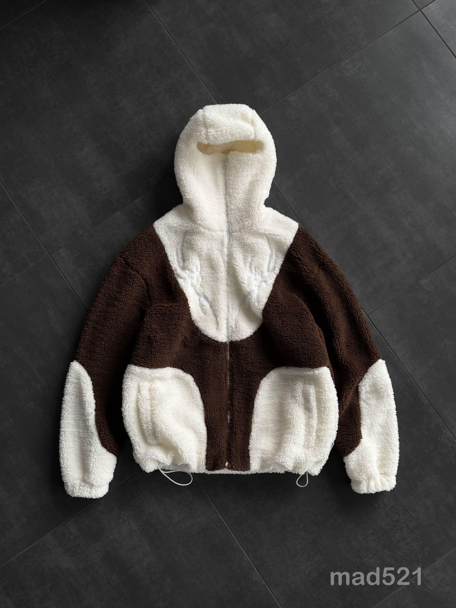 photo_2025-12-07_20-24-37 Мужское Теплое Коричнево-Белое Зип Худи Оверсайз с Балаклавой - Плюшевое на Молнии с Вышивкой