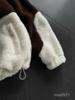 Мужское Теплое Коричнево-Белое Зип Худи Оверсайз с Балаклавой - Плюшевое на Молнии с Вышивкой