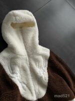 Мужское Теплое Коричнево-Белое Зип Худи Оверсайз с Балаклавой - Плюшевое на Молнии с Вышивкой