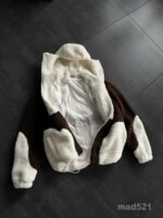 Мужское Теплое Коричнево-Белое Зип Худи Оверсайз с Балаклавой - Плюшевое на Молнии с Вышивкой