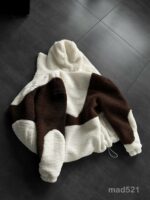 Мужское Теплое Коричнево-Белое Зип Худи Оверсайз с Балаклавой - Плюшевое на Молнии с Вышивкой