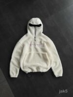 Мужское Белое Черное Худи Оверсайз с Балаклавой - Плюшевое с Вышивкой