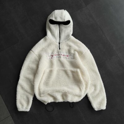 Мужское Белое Черное Худи Оверсайз с Балаклавой - Плюшевое с Вышивкой