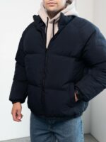 Мужская Зимняя Темно-Синяя Куртка Дутик на Молнии с Высоким Горлом