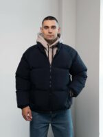 Мужская Зимняя Темно-Синяя Куртка Дутик на Молнии с Высоким Горлом