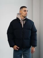 Мужская Зимняя Темно-Синяя Куртка Дутик на Молнии с Высоким Горлом