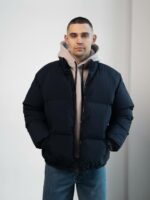 Мужская Зимняя Темно-Синяя Куртка Дутик на Молнии с Высоким Горлом