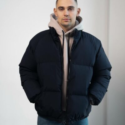 Мужская Зимняя Темно-Синяя Куртка Дутик на Молнии с Высоким Горлом