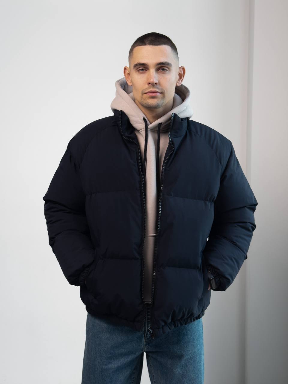 photo_2025-12-10_09-11-58 Мужская Зимняя Темно-Синяя Куртка Дутик на Молнии с Высоким Горлом