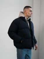 Мужская Зимняя Темно-Синяя Куртка Дутик на Молнии с Высоким Горлом