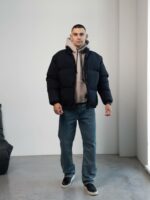 Мужская Зимняя Темно-Синяя Куртка Дутик на Молнии с Высоким Горлом