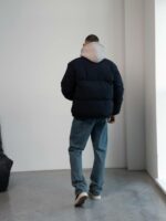 Мужская Зимняя Темно-Синяя Куртка Дутик на Молнии с Высоким Горлом