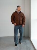 Мужская Зимняя Коричневая Куртка Дутик на Молнии с Высоким Горлом