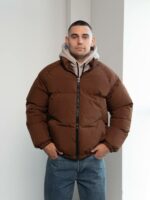 Мужская Зимняя Коричневая Куртка Дутик на Молнии с Высоким Горлом