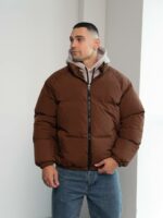 Мужская Зимняя Коричневая Куртка Дутик на Молнии с Высоким Горлом