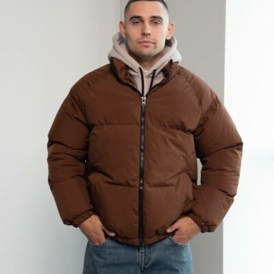 Мужская Зимняя Коричневая Куртка Дутик на Молнии с Высоким Горлом