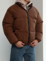 Мужская Зимняя Коричневая Куртка Дутик на Молнии с Высоким Горлом