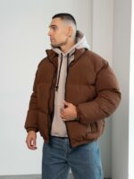 Мужская Зимняя Коричневая Куртка Дутик на Молнии с Высоким Горлом