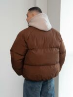Мужская Зимняя Коричневая Куртка Дутик на Молнии с Высоким Горлом