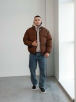 Мужская Зимняя Коричневая Куртка Дутик на Молнии с Высоким Горлом