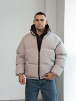 Мужская Зимняя Серая Куртка Дутик на Молнии с Высоким Горлом