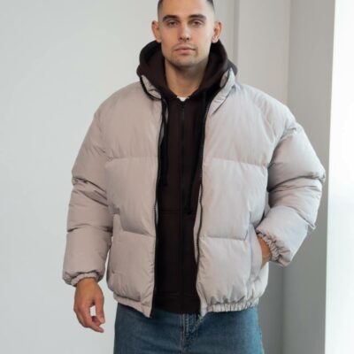 Мужская Зимняя Серая Куртка Дутик на Молнии с Высоким Горлом