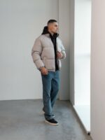 Мужская Зимняя Серая Куртка Дутик на Молнии с Высоким Горлом