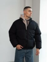 Мужская Зимняя Черная Куртка Дутик на Молнии с Высоким Горлом