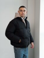 Мужская Зимняя Черная Куртка Дутик на Молнии с Высоким Горлом