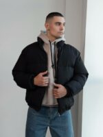 Мужская Зимняя Черная Куртка Дутик на Молнии с Высоким Горлом