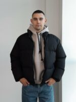 Мужская Зимняя Черная Куртка Дутик на Молнии с Высоким Горлом