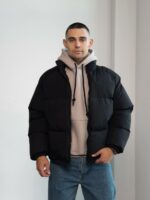 Мужская Зимняя Черная Куртка Дутик на Молнии с Высоким Горлом