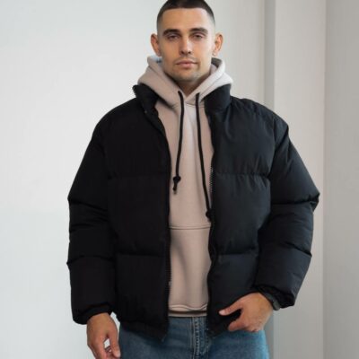 Мужская Зимняя Черная Куртка Дутик на Молнии с Высоким Горлом