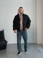 Мужская Зимняя Черная Куртка Дутик на Молнии с Высоким Горлом