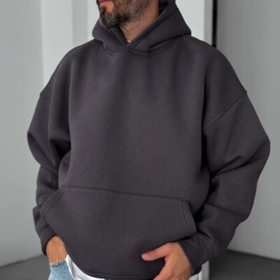 Мужское Объемное Теплое Графитовое Худи Оверсайз - Трехнитка на Флисе