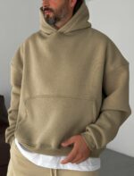 Мужское Объемное Теплое Бежевое Худи Оверсайз - Трехнитка на Флисе