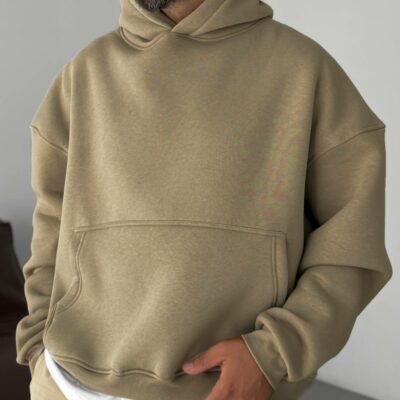 Мужское Объемное Теплое Бежевое Худи Оверсайз - Трехнитка на Флисе