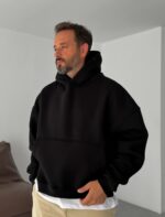 Мужское Объемное Теплое Черное Худи Оверсайз - Трехнитка на Флисе