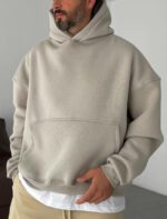 Мужское Объемное Теплое Серое Худи Оверсайз - Трехнитка на Флисе