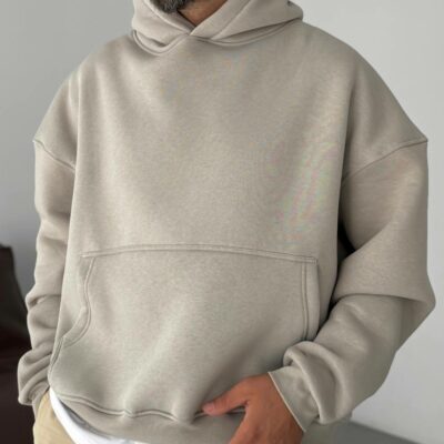 Мужское Объемное Теплое Серое Худи Оверсайз - Трехнитка на Флисе