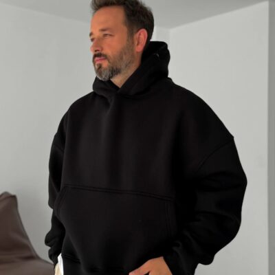 Мужское Объемное Теплое Черное Худи Оверсайз - Трехнитка на Флисе