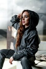 Женский Графитовый Спортивный Костюм Плащевка с Кантом - Анорак с Капюшоном + Штаны Джоггеры