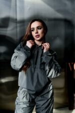 Женский Графитовый Спортивный Костюм Плащевка с Кантом - Анорак с Капюшоном + Штаны Джоггеры