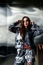 Женский Темно-Серый Спортивный Костюм Плащевка в Принт (Олимпийка + Штаны)