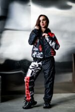 Женский Темно-Синий Спортивный Костюм Плащевка в Принт (Олимпийка + Штаны)