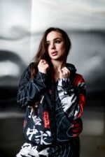 Женский Темно-Синий Спортивный Костюм Плащевка в Принт (Олимпийка + Штаны)