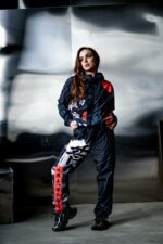 Женский Темно-Синий Спортивный Костюм Плащевка в Принт (Олимпийка + Штаны)