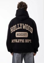 Мужское Утепленное Черное Худи Оверсайз на Флисе с Нашивками на Спине